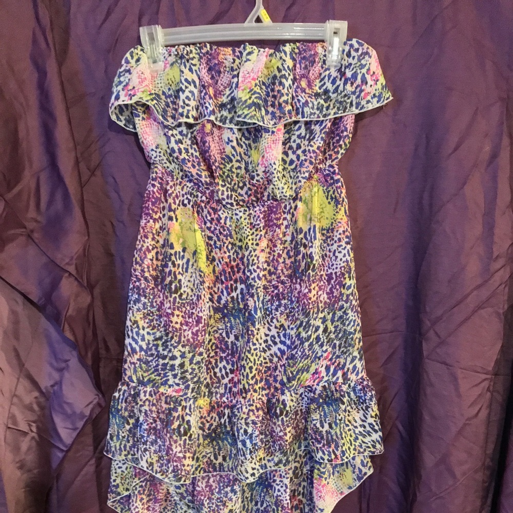 Multicolored strapless high-low chiffon dress